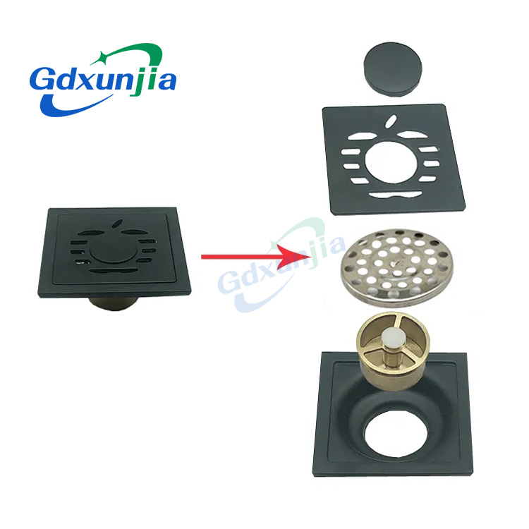 핫 세일 블랙 4 인치 더블 6mm 두께의 사각형 사과 패턴 201 스테인레스 스틸 욕실 바닥 배수구 —XINZHIJIA/XUNJIA