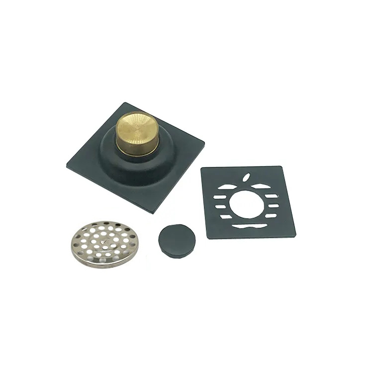핫 세일 블랙 4 인치 더블 6mm 두께의 사각형 사과 패턴 201 스테인레스 스틸 욕실 바닥 배수구 —XINZHIJIA/XUNJIA