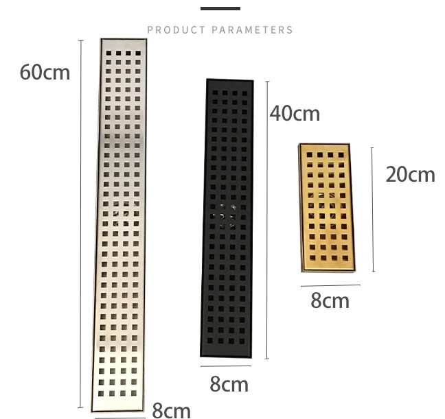 Bagno con doccia a grande spostamento in acciaio inox con scarico a pavimento a griglia con foro rettangolare