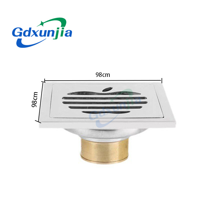 Square 6mm Thick 4 Inch 201 Stainless Steel Apple Pattern Bathroom Shower Floor Drain with Copper Odor Proof Self Seal Core